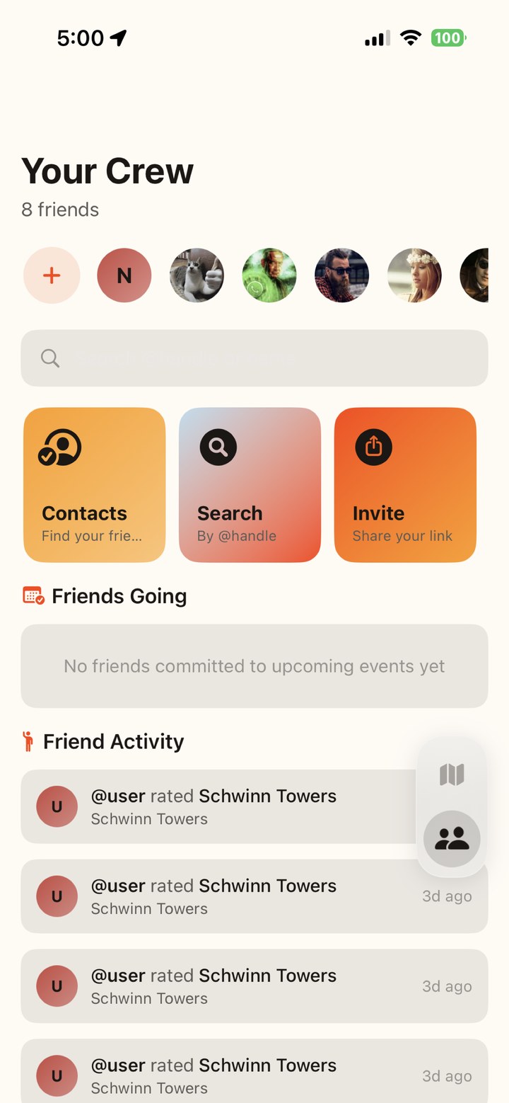 SideQuestr Your Crew screen showing friend avatars, Contacts / Search / Invite shortcuts, Friends Going, and a Friend Activity feed