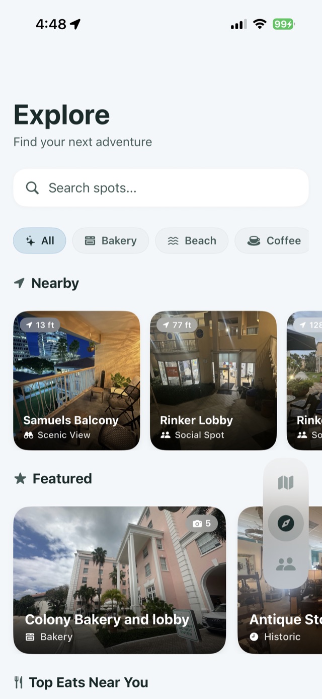 SideQuestr Explore page with search bar, category filters, and nearby spots