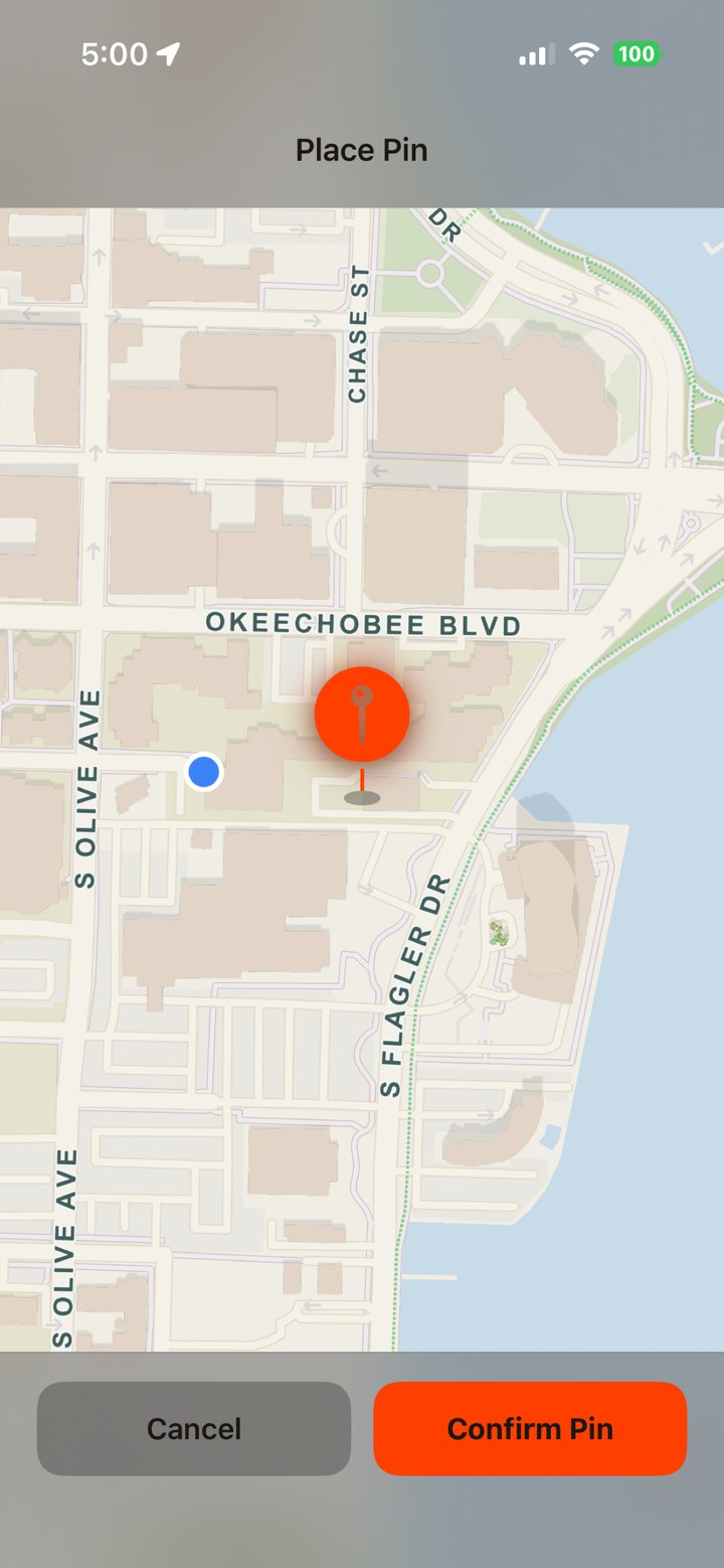 SideQuestr Place Pin screen with a Molten red pin dropped on the map and Cancel / Confirm Pin buttons