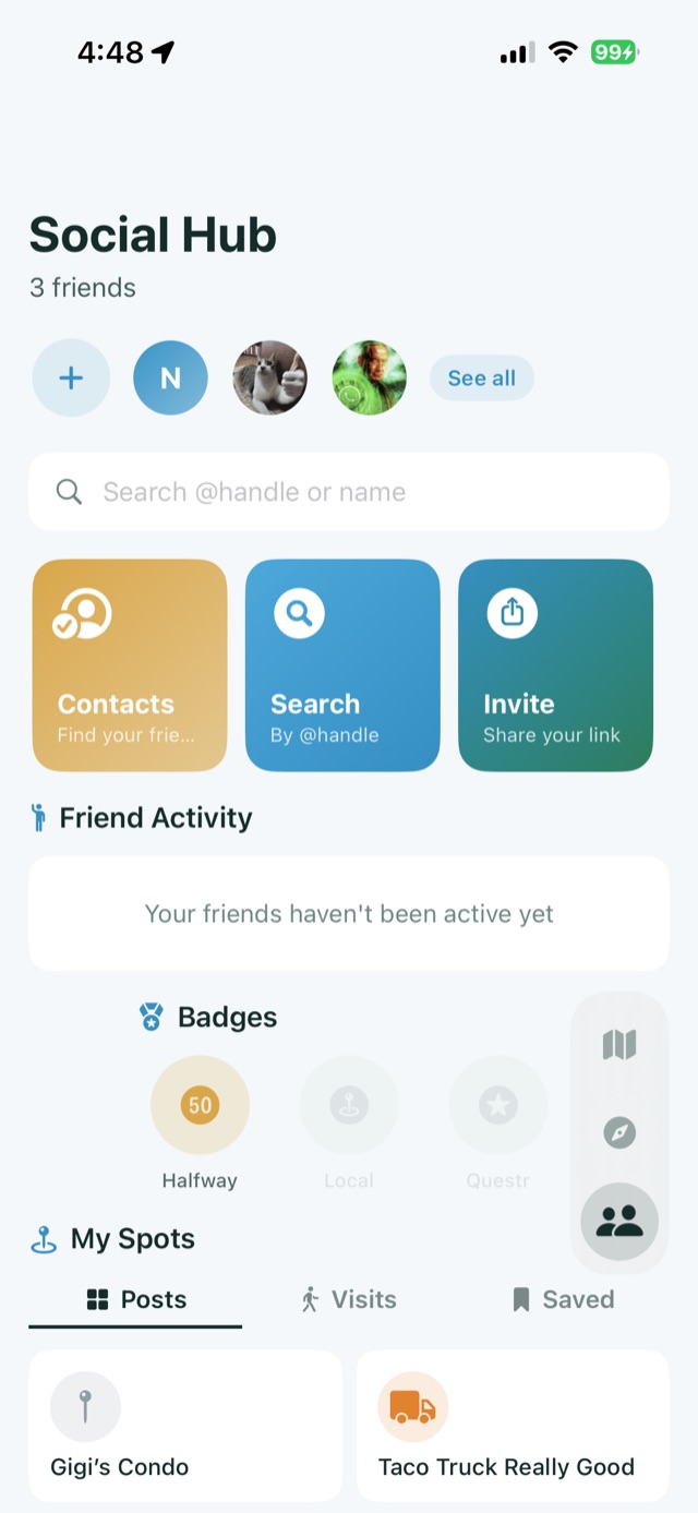 SideQuestr Social Hub showing friends, badges, and your spots