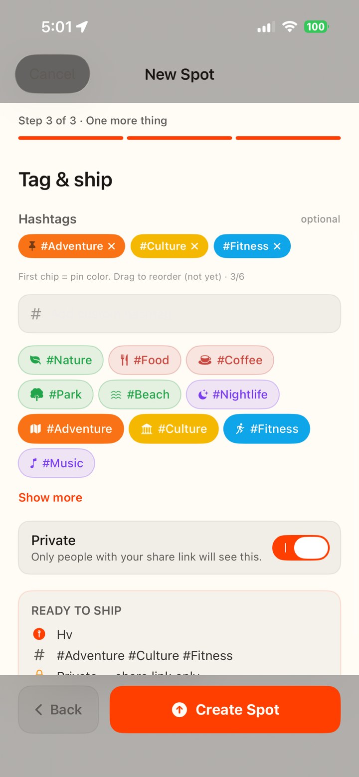 SideQuestr New Spot step 3 of 3 &mdash; Tag & ship with hashtag chips, private toggle, and a Create Spot button
